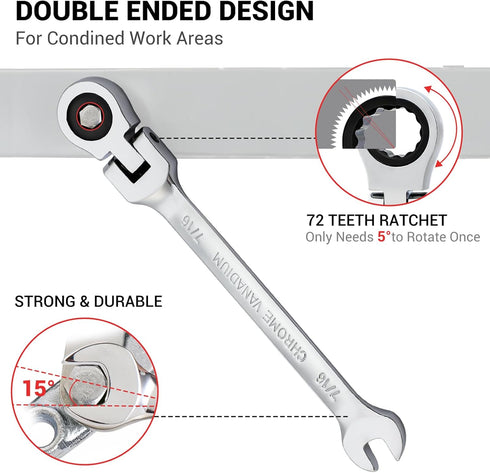 Pilida 1/2 Inch Ratcheting Combination Wrench, 12 Point SAE Flex Head Gear Wrench, 72 Teeth Chrome Vanadium Steel
