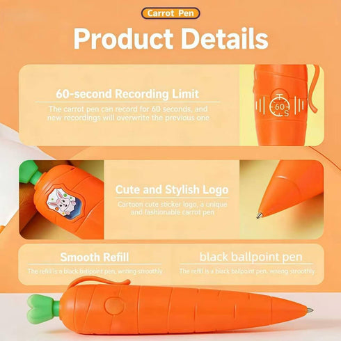 Generic 2-Pack 60-Second Carrot Pen with Voice Recorder | Cute Recording Ballpoint Pen for Kids | Smooth-Writing, Fun