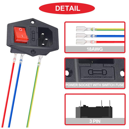3Pcs AC 10A 15A 250V Rocker Switch Power Socket Inlet Module Plug, IEC320 C14 10A Male Power Switch