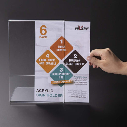 NIUBEE Acrylic Sign Holder, 8.5 x 11 Inches Slanted Back, Clear Plastic Table Stand for Office, Store, and Restaurant
