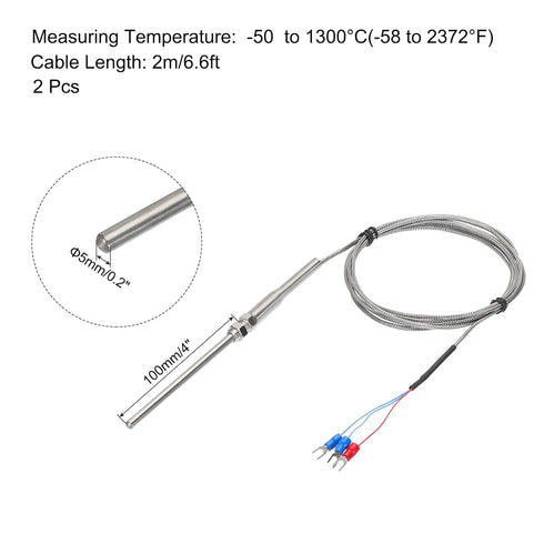 MECCANIXITY 2pcs PT100 RTD Thermocouple Stainless Steel M8 Temperature Sensor Probe -50 to 1300C 6.6ft 5x100mm