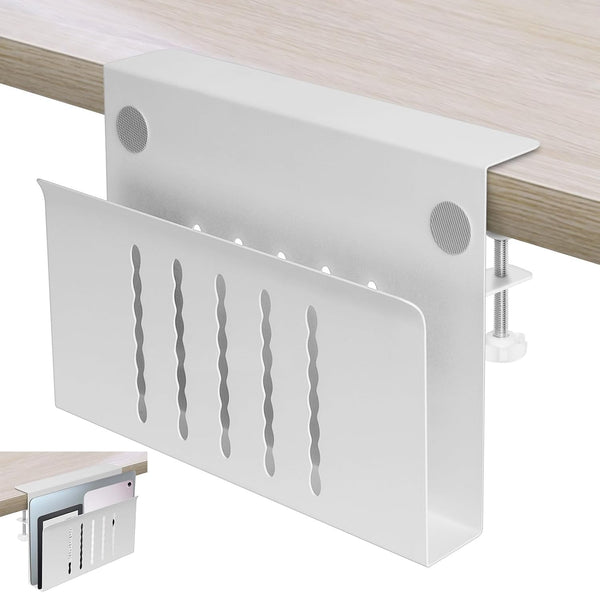 Desk Side Storage, No Drill Steel Hanging Organizer, Laptop Holder for Office & Home (White)