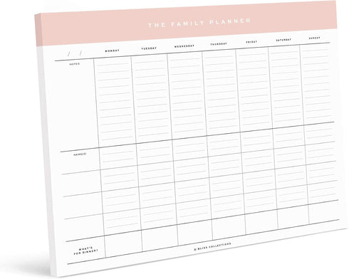 Bliss Collections Family Planner, 50 Undated 8.5 x 11 Tear-Off Sheets, Simple Pink Daily and Weekly Calendar for