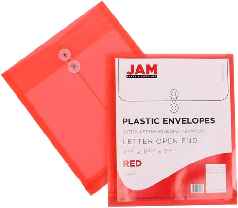 JAM PAPER Plastic Envelopes with Button & String Tie Closure, Letter Open End, Assorted Colors, 6/Pack (9 3/4 x 11 3/4)