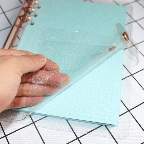 Personal A5 Glitter PVC Binder Cover, Clear Soft PVC Notebook Shell with 6 Rose Gold Round Ring Binders