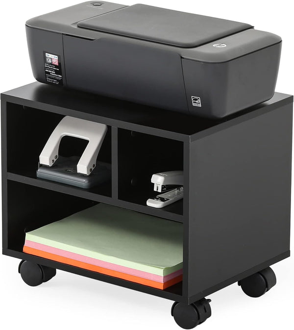 FITUEYES Mobile Printer Stand with Storage, Small Rolling Work Cart with Wheels, Black Wood, 15.7 x 11.8 x 13.8 for