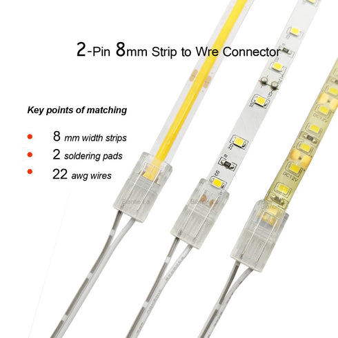 2-Pin 8mm COB LED Strip to Wire Connector Unwired Clips Solderless Adapter Terminal Extension Connection for High Density LED Strip Lights 12V 24V (Pack of 10)