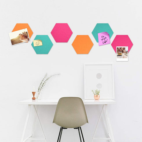 Navaris Hexagon Felt Board Tiles, Set of 6 Memo Bulletin Boards with Push Pins (5.9 x 7 inches) - Turquoise, Orange