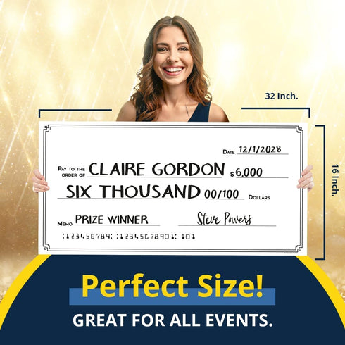 Giant Dry Erase Check - 16" x 32", Reusable Big Oversized Blank Check for Fundraisers & Charity Events