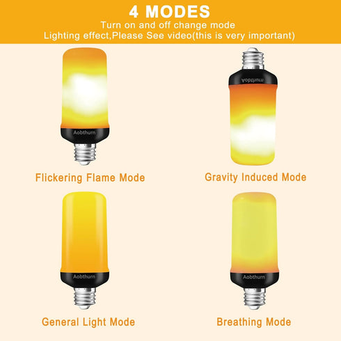 Flame Light Bulbs, E26 Base Flickering LED Bulb, 4 Modes with Gravity Sensor, Halloween Home Party, Pack of 4