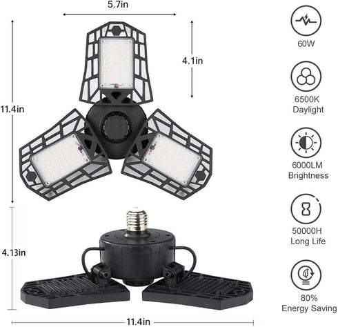 KONPWAY 6000 6500K 60W, Deformable LED Garage Light - Lumen Daylight Three Leaf Garage Organization Ceiling Lighting