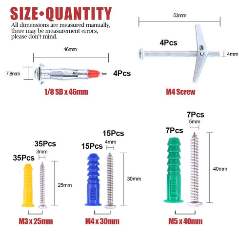Hilitchi 122 Piece Plastic Self Drilling Drywall Hollow-Wall Anchor Molly Bolt Toggle Bolt with Screws Kit