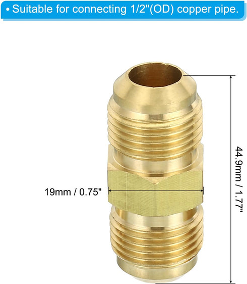 PATIKIL 1/2" OD Brass Flare Union Connector, 2 Set Air Conditioning Copper Double Pipe Extension Joint Connectors Pipe Hose Fitting with Nut, 1.77 x 0.75inch by PATIKIL