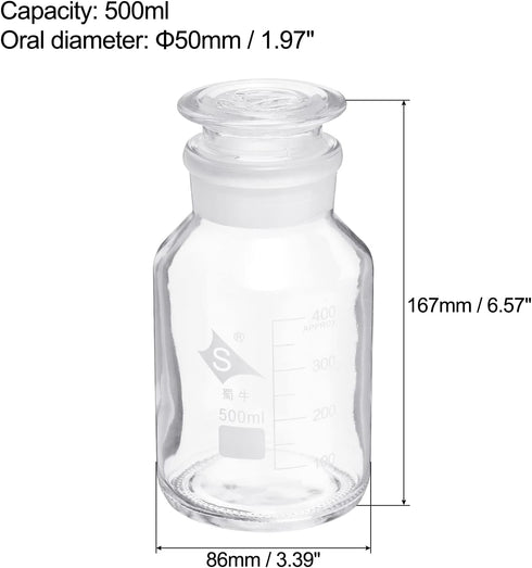 PATIKIL 500mL Reagent Media Bottle, 1Pcs Round Graduated Glass Storage Bottle with Clear Cap for Chemistry Lab Universities Home, Clear by PATIKIL