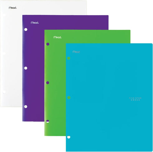 Five Star 4 Pocket Folders, Plastic, Teal, White, Purple, Lime, 4 Pack (38076)