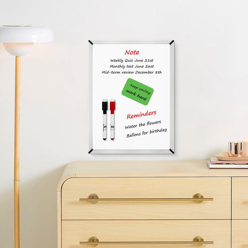 White Board Set - 12 x 9" Dry Erase Board with 2 Markers and 6 Magnetic Labels - Double-sided Wall Hanging