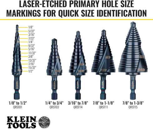 Klein Tools QRST01 Step Drill Bit, Quick Release, 1/8 to 1/2-Inch, Hex Shank for Steel, Wood, Plastic