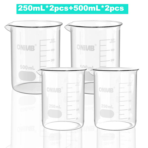 ONiLAB Scientific Glass Beaker 8.5 oz 17 oz, 2 Sizes 250ml 500ml, 2pcs for Each Size, 3.3 Borosilicate Griffin Low Form with Printed Graduation 13900245