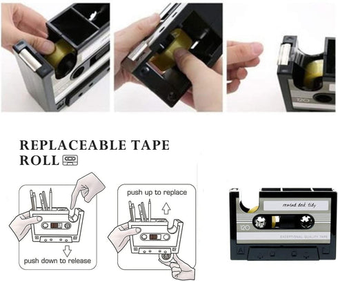 Tape Dispenser with Pen Holder - Retro Cassette Heat Tape Dispenser, Cute Roll Holder with Paperclips for Office Storage