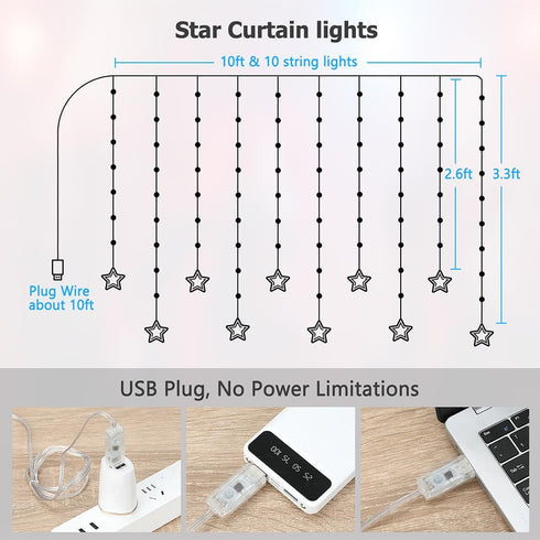 10ft 3.3ft 200+ Star Curtain Lights, x RGB LED Color Changing String Fairy Lights Stars Curtain, Smart APP & IR Remote