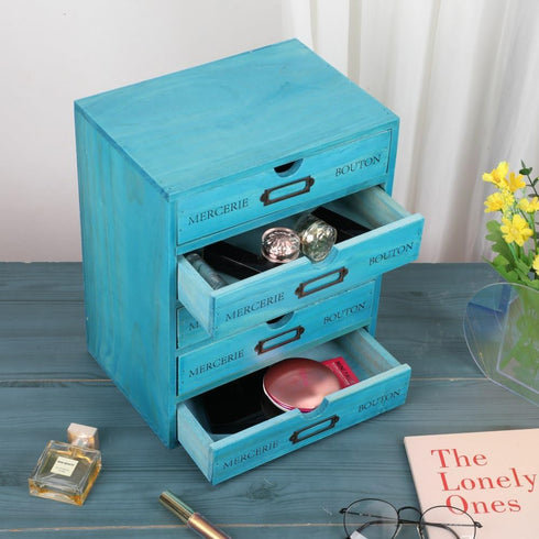 Wooden Storage Box with 5 Drawers - Vintage Apothecary Drawers, Wood Desktop Organizer, Blue