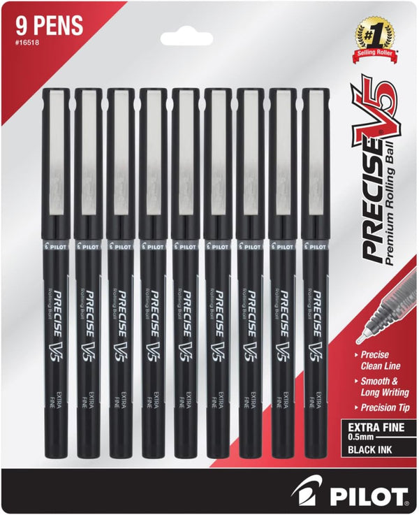 Pilot Precise V5 Stick Liquid Ink Rolling Ball Stick Pens, Extra Fine Point (0.5mm) Black Ink, 9-Pack by Pilot
