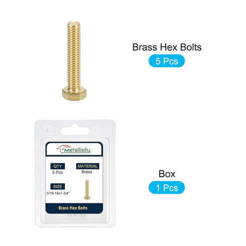 Hex Head Screw Bolt (5/16-18x1-3/4") 5Pcs, Brass Fully Threaded Solid Hex Bolts for Machinery Repair