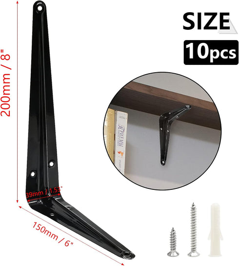 Uenhoy 10 Pack 8 Inch (8" 6") Shelf Brackets Heavy Duty Metal Floating Shelf Brackets, Black Corner Brace Wall Mount L