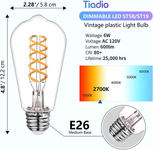 Tiadio 4-Pack Bulbs 60W ST58/ST19 6W E26 Dimmable Bulbs, 2700K Bulb, Bulb Vintage LED Edison Equivalent- Light Filament