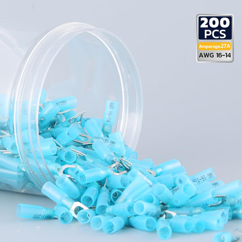 Haisstronica 200PCS Heat Shrink Fork Spade Connectors #10 - U-Type Blue 16-14 Gauge Waterproof Marine Grade