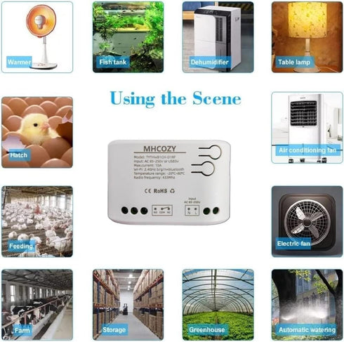 Zigbee Temperature & Humidity Controller, Extendable Probe Sensor, Tuya App Remote, 10A Relay Switch (T&H, 12 Volts)