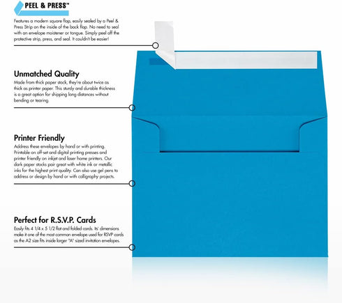 LUXPaper A2 Invitation Envelopes | 50 Qty | Peel & Press | 4 3/8" x 5 3/4" | Pool Blue | 80lb. Text