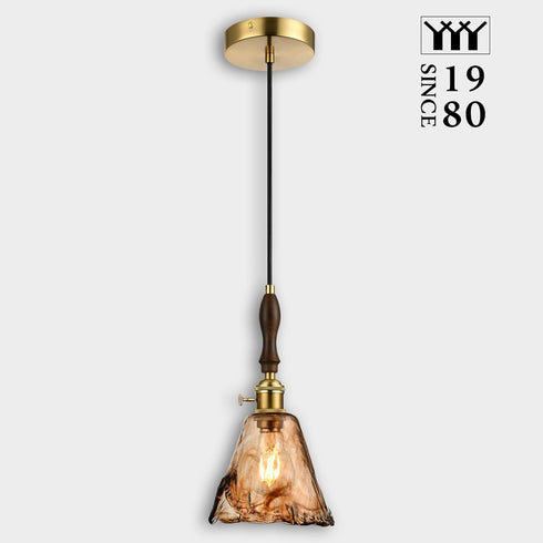 6"x11.5" 15"-72" E26 Modern Amber Glass Pendant Light, Floral Bell-Shaped Hanging Light with Wood Handle & Brass Cap