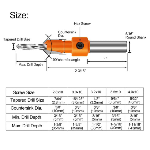 ASNOMY 10Pcs Wood Countersink Drill Bit Set, 5Pcs Countersink Bits with Extra Pilot Drill Bits for Woodworking