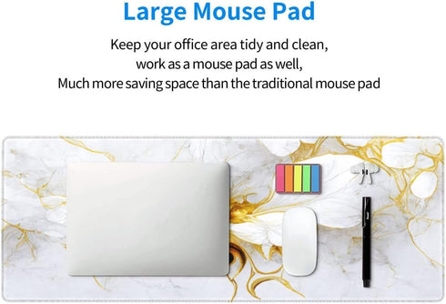 Office Home White Gold Marble Flower Desk Pad, 31.5"×11.8" Large Gaming Mouse Pad, Waterproof Thick Non-Slip