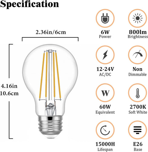KEIVO 12V LED Bulb, 60 Watt Equivalent, 12-24V AC/DC, Soft White 2700K, 6W 800lm, E26 Base, A19 Low Voltage Edison Filament Bulbs for Off-Grid Solar Battery Systems, RVs, Marine Lighting, 3 Pack by KEIVO