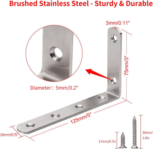 YUMORE L Bracket, 5" x 3", Max Load: 35lb/15KG Heavy Duty Stainless Steel Shelf Support, Pack of 4