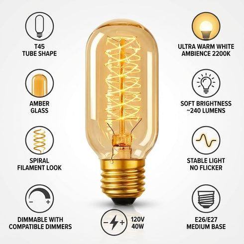 Weyolin T45 Bulb, 40W 2200K Bulb,180 E26 Base,Dimmable Bulb (4-Pack) Amber Glass Edison Incandescent, Ultra Warm White