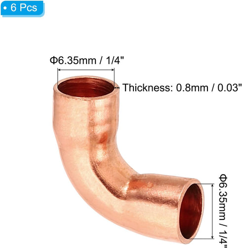 PATIKIL 1/4" ID 0.8mm Thick Elbow Copper Fitting, 6pcs 99.9% Pure Copper 90 Degree Short Radius Tube Connector