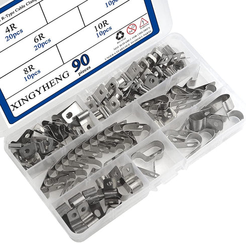XINGYHENG 90pcs Metal Cable Clamps Fastener Assortment Kit 3.2-9mm for Wire Tube Plastic Wire Cord Management