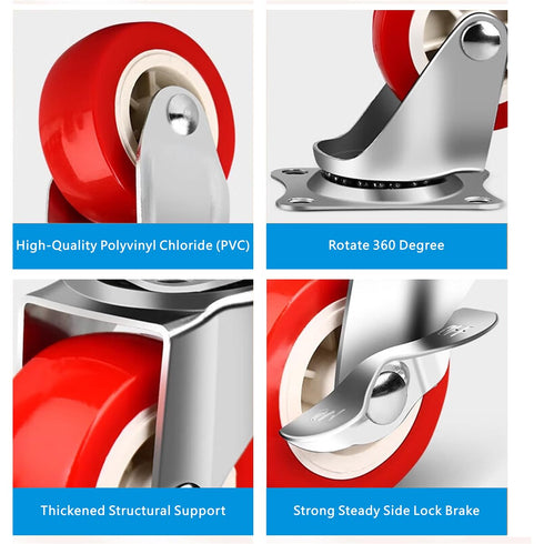 1.5 Inch Heavy Duty Caster Wheels with Brake, Swivel Casters, PVC Wheels, Red, 12 Pack