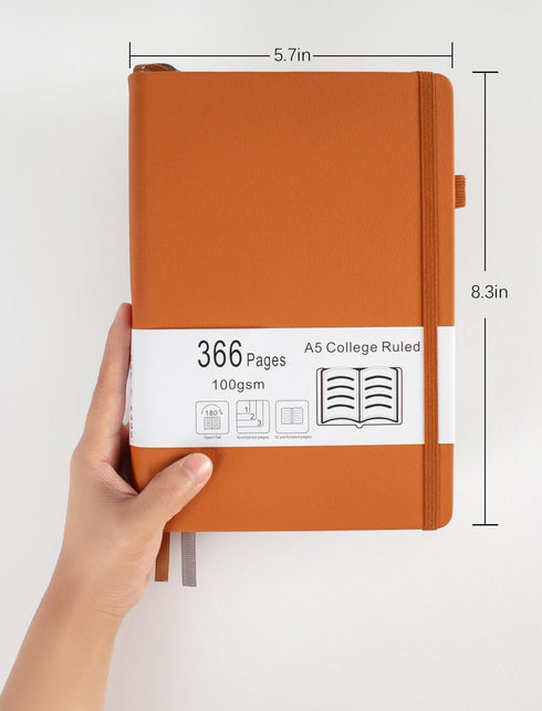 Thick College Ruled Notebook - 366 Numbered Pages, A5 Journals for Writing with 100GSM Lined Paper, Hardcover Leather