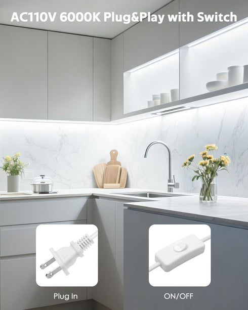 24in 110V 120LED/M Counter Under Cabinet Lighting Strip Plug in with Switch Self-Adhsive Waterproof AC Led Strips Light
