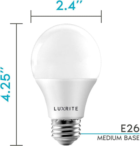 LUXRITE A19 LED Bulb, 60W Equivalent, 6 Pack, 3500K Natural White, 800 Lumens, Dimmable, E26 Medium Base