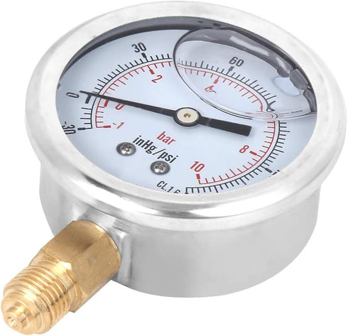 Heayzoki Oil Filled Pressure Gauge, 1/4 BSP Lower Mount, Stainless Steel Liquid Filled, -1-10 bar, Dual Scale