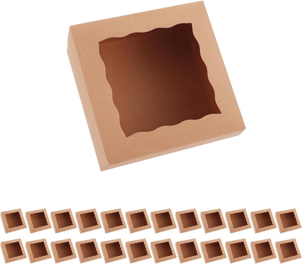 25 Kraft Bakery Boxes with Window, 8x8x4 Inches for Pastry, Cupcake, Cookies, Muffins, Pie