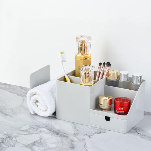 Desk Organizer with Bookshelf, White Multifunctional Organizer with Drawer for Makeup Storage, Small, Grey