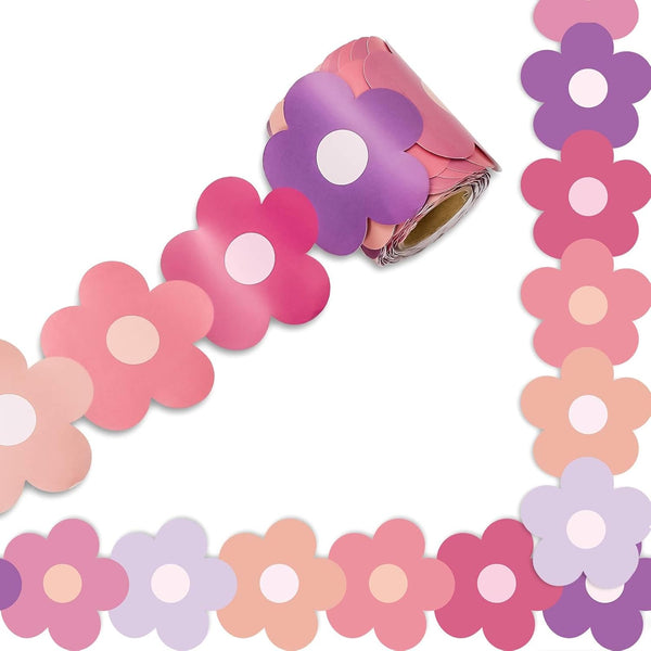 Whaline 32.8ft Preppy Hippie Flower Bulletin Board Borders - Y2K Pink Purple Die-Cut Trim for School Decor