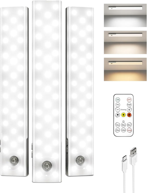 EZVALO 3-Pack Under Cabinet Lighting, 2000mAh Rechargeable Wireless Motion Sensor Lights, 62LEDs,