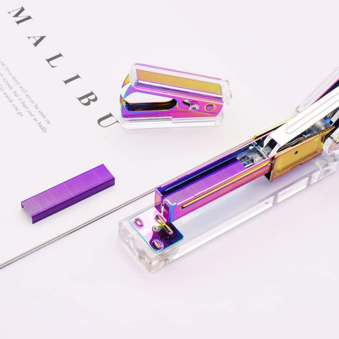 Office Stapler and Staples Remover Set, Clear Acrylic Metallic Rainbow Tone Desk Accessories